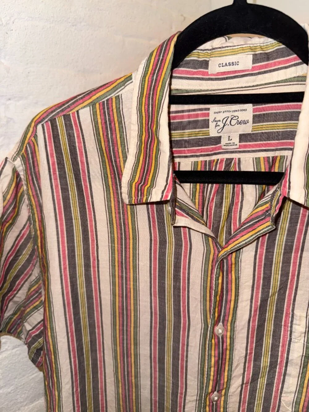 J.Crew Mens Large Classic Fit Short Sleeve Linen Cotton Multi Stripe Shirt